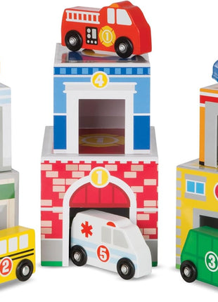 Melissa & Doug Nesting and Sorting Blocks - 6 Buildings, 6 Wooden Vehicles - FSC Certified