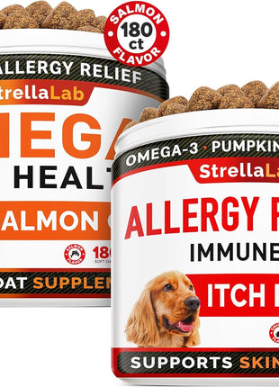 Omega 3 + Allergy Relief for Dogs Bundle - Allergy & Itch Relief + Itchy Skin Treatment - EPA & DHA Fatty Acids + Pumpkin - Shedding, Itchy Skin Relief + Itch Relief- 360 Chews - Made in USA