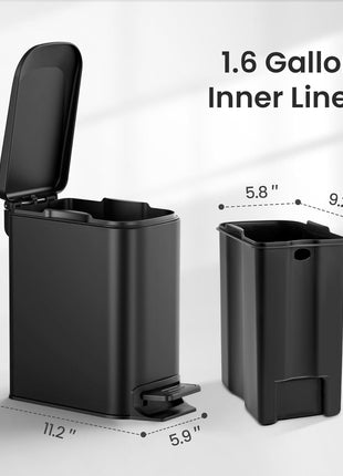 Cesun Small Bathroom Trash Can with Lid, 1.6 Gal, Soft Close, Matte Black | Step pedal soft close, Slim 5.9in fits narrow spaces, Stainless steel, Anti-fingerprint, Removable inner bucket, Odor seal