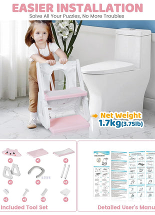 Orzbow Potty Training Seat with Step Stool, Toddler Toilet Seat with Ladder | 7 Height Adjustable, Splash Guard, Non-Slip Base, Handles, Stable Triangular Fits Most Toilets, For Kids Boys Girls, Pink