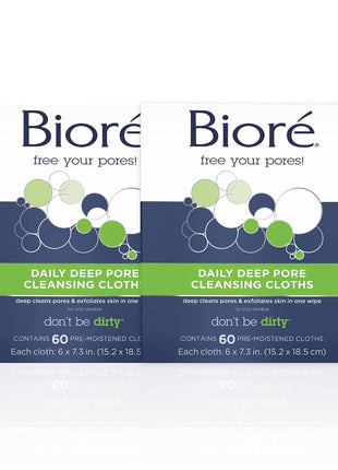 Biore Daily Makeup Removing Cloths, Deep Pore Cleansing Wipes, 60Ct, 2 Pack | Dirt-Grabbing Fibers, Removes Waterproof Makeup, No Oily Residue, Quick Facial Cleansing, Convenient Twin Pack