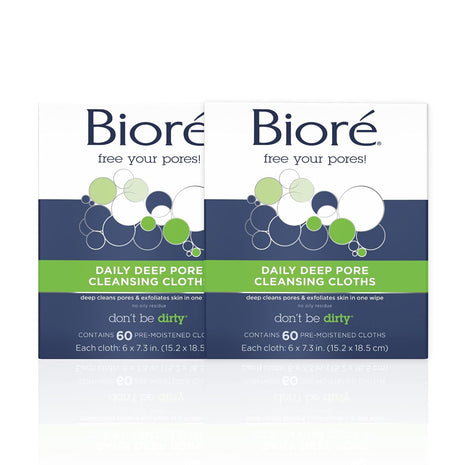 Biore Daily Makeup Removing Cloths, Deep Pore Cleansing Wipes, 60Ct, 2 Pack | Dirt-Grabbing Fibers, Removes Waterproof Makeup, No Oily Residue, Quick Facial Cleansing, Convenient Twin Pack