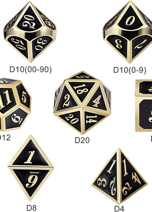 DNDND Metal Dice Set D&D, 7 die Metallic Polyhedral Dice Set with Gift Metal Box and Gold Number for DND Dungeons and Dragons Role Playing Games (Black and Gold)