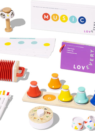LOVEVERY | The Music Set | 6 Montessori Musical Instruments & Rhythm Book | Educational Toys for Toddlers & Preschoolers | Simple Songs and Play Guide | Ages 18 Months to 4+ Years