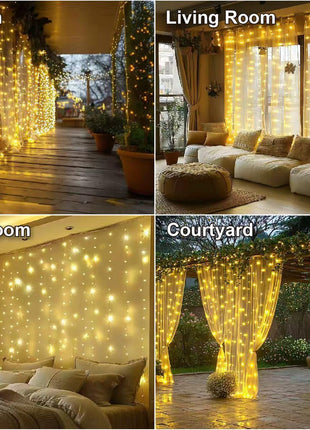 HXWEIYE 300LED Fairy Curtain Lights, 9.8x9.8Ft USB Plug-in 8 Modes Christmas String Hanging Lights with Remote for Bedroom Backdrop Wedding Indoor Wall Decor, Warm White, Standard – 1 Pack