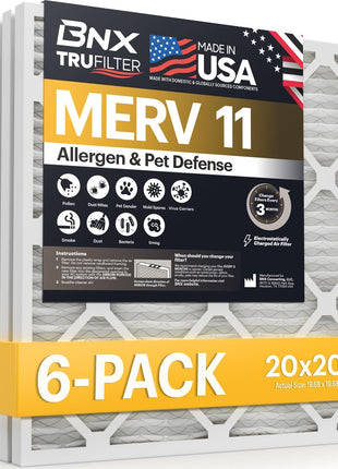BNX TruFilter 20x20x1 Air Filter MERV 11 (6-Pack) - MADE IN USA - Allergen Defense Electrostatic Pleated Air Conditioner HVAC AC Furnace Filters for Allergies, Dust, Pet, Smoke, Allergy MPR 1200 FPR 7