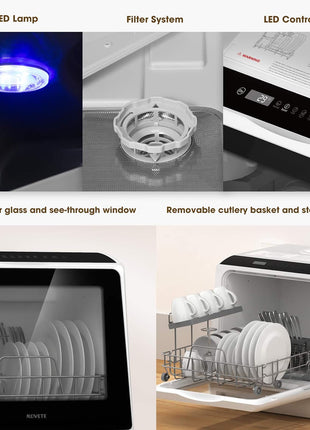 NOVETE Portable Countertop Dishwashers, Compact Dishwashers with 5L Built-in Water Tank & Inlet Hose, 5 Washing Programs, Baby Care, Air-Dry Function and LED Light for Small Apartments