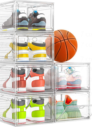 Sturdy Clear Shoe Organizer with Magnetic Door, Stackable Shoe Storage Box | Thick Plastic Shoe Storage for Sneakers & Boots, Collapsible Closet Shoe Rack and Clear Shoe Box, 6 Pack White
