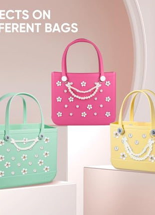 Charms for Bogg Bag,Decorative Flowers Pearls and Chain Set for Rubber Tote Bag, Must Have Accessories for Women Girls Simply Southern Beach Totes Bling Decoration