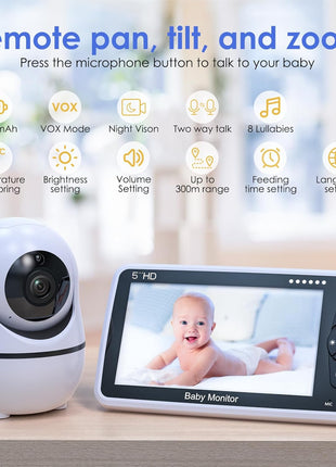 Baby Monitor with Camera and Audio, 5inch IPS Display 720P HD, 4000mAh Long Battery Life, Pan-Tilt-Zoom, No WiFi, VOX Mode, Night Vision, 2-Way Audio, Temperature Sensor & Lullabies