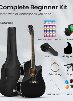 Moukey 41 inch Acoustic Guitar for Beginners Adult Teen Full Size Guitarra Acustica with Chord Poster, Gig Bag, Tuner,Steel Strings, Capo, Strap   Black
