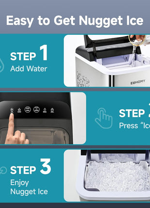 EUHOMY Nugget Ice Makers Countertop, Ready in 8 Mins, 35lbs/24H, Self-Cleaning, Portable Ice Maker Machine with Ice Scoop & Basket, Sonic Ice Maker with Chewable Pellet Ice for Home/Party/RV/Camping