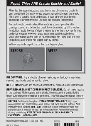 Rain-X 600001 Windshield Repair Kit - Quick and Easy Durable Resin Based Windshield Repair Kit for Chips and Cracks, Good for Round Damage Below 1 inch in Diameter and Cracks Smaller Than 12 inch in Length