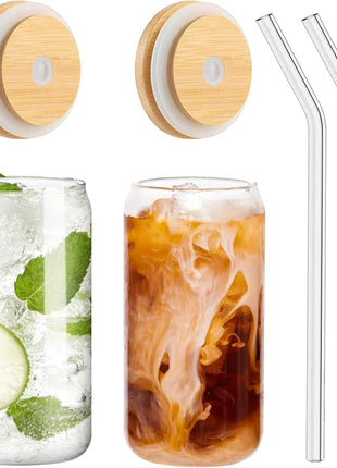 WISIMMALL Drinking Glasses with Bamboo Lids and Glass Straw 2PCS Set, 16oz Glass Cups with Lids and Straws, Beer, Iced Coffee Glasses, Soda, Gift 1 Cleaning Brushes