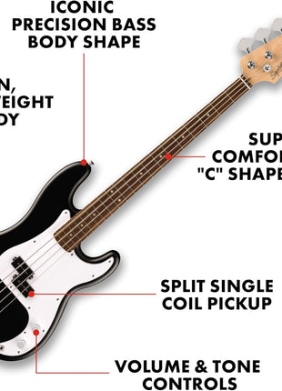 Fender Squier Debut Series Precision Bass Guitar, Beginner Guitar, with 2 Year Warranty, Includes Free Lessons, Black with Matte Finish