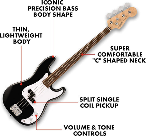 Fender Squier Debut Series Precision Bass Guitar, Beginner Guitar, with 2 Year Warranty, Includes Free Lessons, Black with Matte Finish