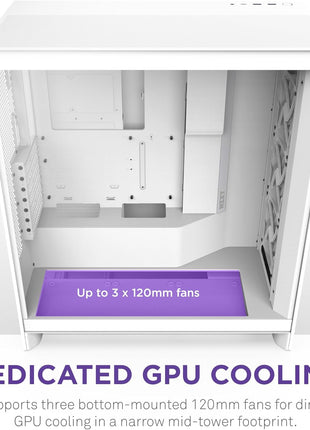 NZXT H7 Flow - Mid-Tower ATX Airflow PC Case - White | Airflow-first ATX mid-tower. Bottom-mount fans for direct GPU cooling, 420mm front radiator support, clean cable routing.