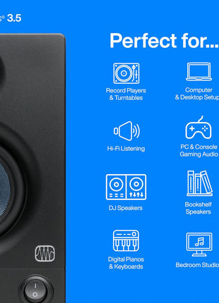 PreSonus Eris 3.5 Powered Studio Monitors, Pair — 3.5" Active Near | -Field Desktop Speakers for Music Production, Gaming, Movies & Hi-Fi | 50W, Woven-Composite Woofer, Silk-Dome Tweeter, Black
