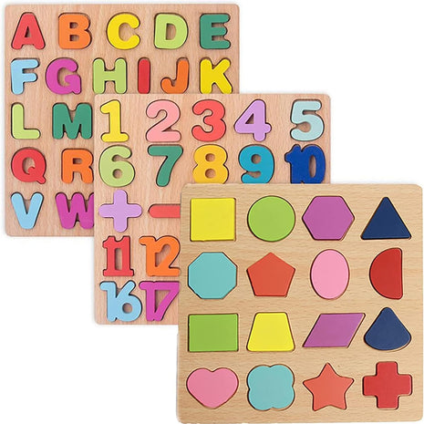 Wooden Puzzles for Toddlers 3-5, Boys & Girls, Montessori Toddler | 3 in 1 Wooden Puzzle, Alphanumeric Graphics Cognitive, for toddlers 3-5 make, natural wood, gift for a birthday