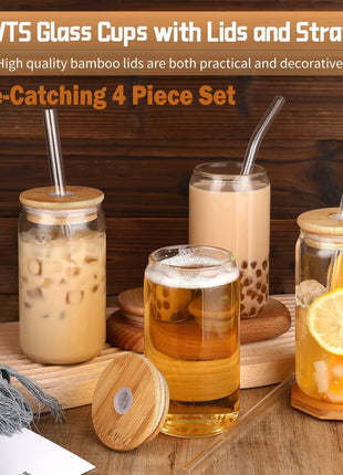 DWTS DANWEITESI Glass Cups with Lids and Straws 4 pcs,16oz Drinking Glasses Set for Coffee Bar Accessories,Iced Coffee Cups with Lids,Matcha Cup Glass Tumbler Reusable for Gifts