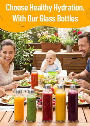 Luxfuel Clear Glass Bottles with Lids 18 oz, Reusable Glass Water Bottles with Stainless Steel Cap for Refrigerator, Juicing, 100% Leak Proof, BPA Free, Juice Bottle Drinking Jar Containers Set of 6