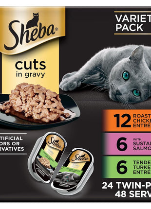 Sheba Perfect Portions Wet Cat Food Cuts in Gravy Variety Pack, Roasted Chicken Entree, with Sustainable Salmon, and Tender Turkey Entree, 2.6 oz. Twin-Pack Trays (24 Count, 48 Servings)