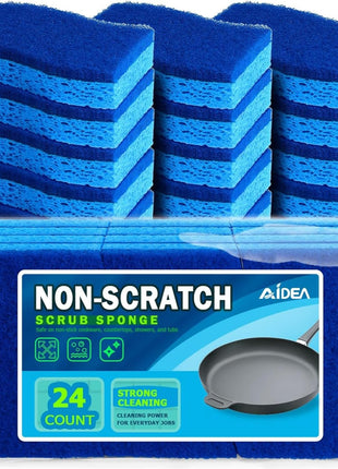 AIDEA Non Scratch Scrub Sponge, 24Count, Sponges for Dishes, Sponges Kitchen, Cleaning Sponge, Cleans Fast Without Scratching, Stands Up to Stuck on Grime, Cleaning Power for Everyday Jobs