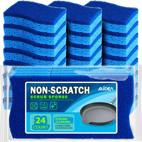 AIDEA Non Scratch Scrub Sponge, 24Count, Sponges for Dishes, Sponges Kitchen, Cleaning Sponge, Cleans Fast Without Scratching, Stands Up to Stuck on Grime, Cleaning Power for Everyday Jobs