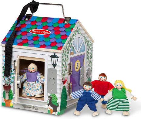 Melissa & Doug Take-Along Wooden Doorbell Dollhouse - Doorbell Sounds, Keys, 4 Poseable Wooden Dolls Portable Doll House, Doorbell House for Kids Ages 3+