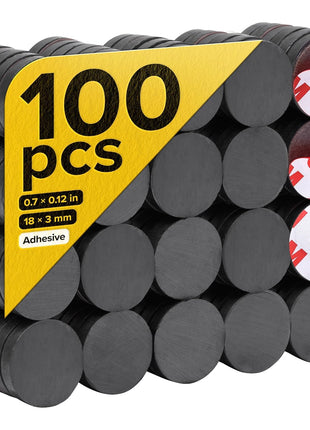Strong Ceramic Round Magnets With Adhesive Backing (0.7x0.12 inch/18x3mm, 100 pcs) - Heavy Duty Sticky Magnets, Non-Corrosive, Versatile For Home, Office, Workshop, Whiteboard, Fridge And Hobby Use