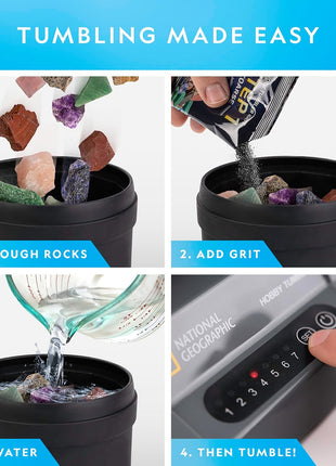 National Geographic Hobby Rock Tumbler Kit for Kids and Adults Ages 8+ | Rough Gemstones, 4 Polishing Grits, Rock Polisher, Geology Science Kit, Rock Tumbling for Kids and Adults, Birthday Gift