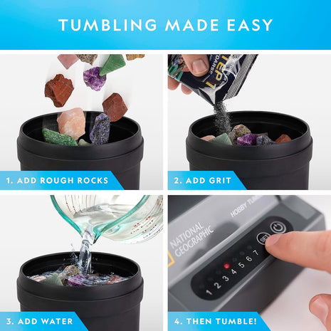 National Geographic Hobby Rock Tumbler Kit for Kids and Adults Ages 8+ | Rough Gemstones, 4 Polishing Grits, Rock Polisher, Geology Science Kit, Rock Tumbling for Kids and Adults, Birthday Gift