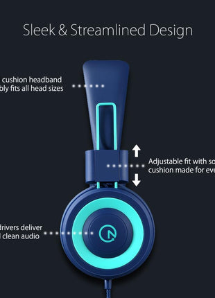 Kids Headphones - noot products K11 Foldable Stereo Tangle-Free 3.5mm Jack Wired Cord On-Ear Headset for Children/Teens/Boys/Girls/Smartphones/School/Kindle/Airplane Travel/Plane/Tablet (Navy/Teal)