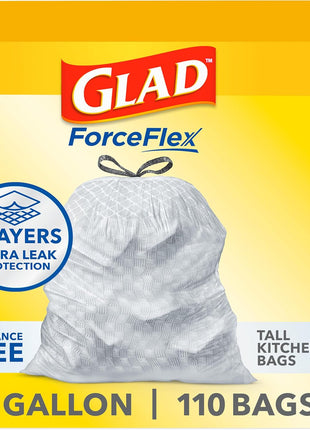 Glad ForceFlex Tall Kitchen Trash Bags, 13 Gallon, Fragrance Free, 110 Count (Package May Vary)
