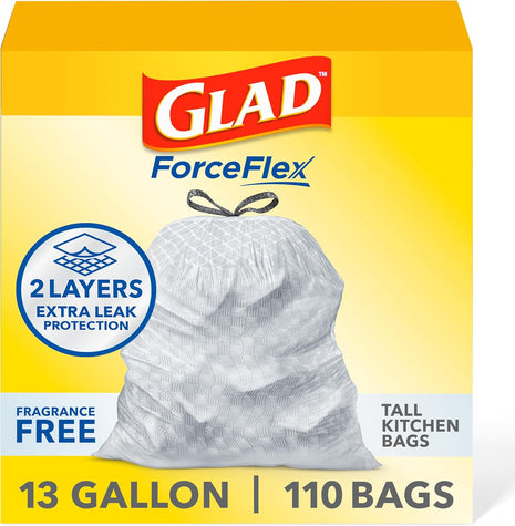 Glad ForceFlex Tall Kitchen Trash Bags, 13 Gallon, Fragrance Free, 110 Count (Package May Vary)