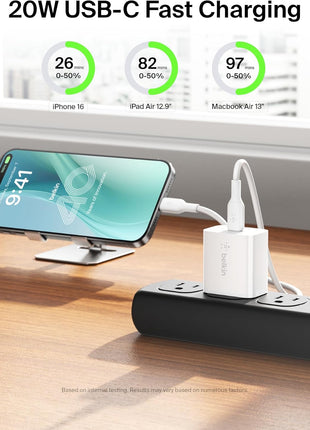 Belkin 20W Compact USB C Charger Block, Fast Charging for Travel | iPhone Charger Fast Charging, iPhone 17, Samsung Galaxy S25, Google Pixel 10, iPad, AirPods, Apple Watch