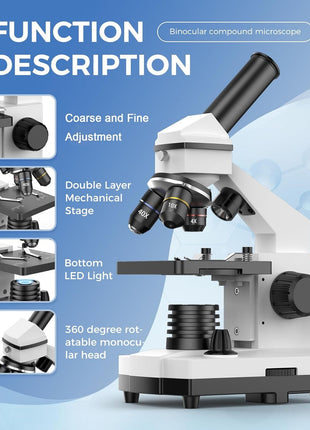 PalliPartners Compound Microscope for Adults & Students, White | 100X-2000X High-Power, Biological Microscope, School Lab & Home Education, with Slides Set & Phone Adapter