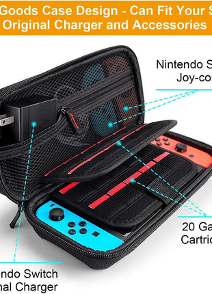 Deruitu Switch Carrying Case Compatible with Nintendo Switch/Switch OLED - Fit AC Charger Adapter - with 20 Game Cartridges Hard Shell Travel Switch Pouch for Console & Accessories