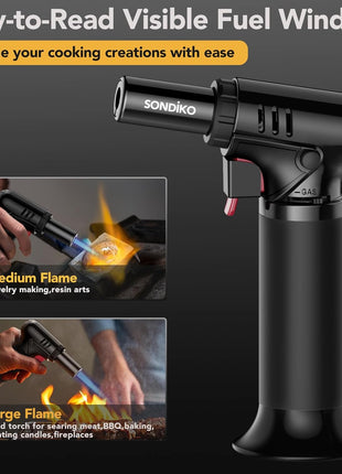 Sondiko Butane Torch Lighter with Visible Fuel Window, Refillable Soldering Torch with Adjustable Flame for Welding, Resin Art, Industrial (Butane Gas Not Included)