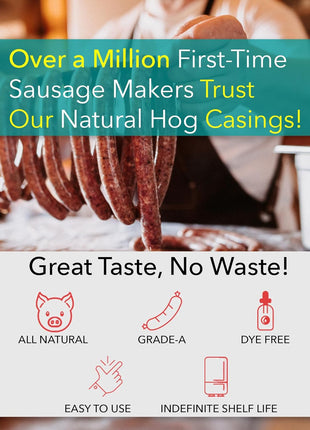 The Sausage Maker® Natural Hog Sausage Casings 32-38mm, Edible Casing For Sausage Making, Stuff Over 25 Lbs Meat, Breakfast, Italian, Polish, Bratwurst, Hot Dog, Pork Links, 1.2-1.5 inch Dia, Home Pack-1