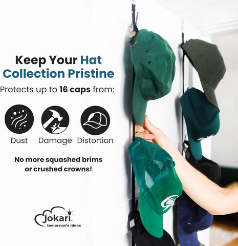 Jokari Over the Door Organizer, 2 Pack, Holds Up to 16 Hats | Hat Rack, Storage System, Men Women, Kids Adjustable Closet Hanger, Hooks, Easy Display, Fits All Hat Styles