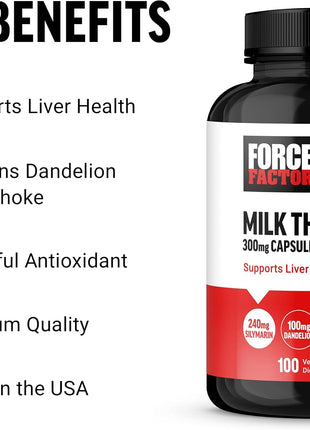 Force Factor Milk Thistle Liver Support Formula | with Dandelion Root & Artichoke, 300mg Silymarin Milk Thistle Supplement for Liver Health & Detox, 100 Vegetable Capsules