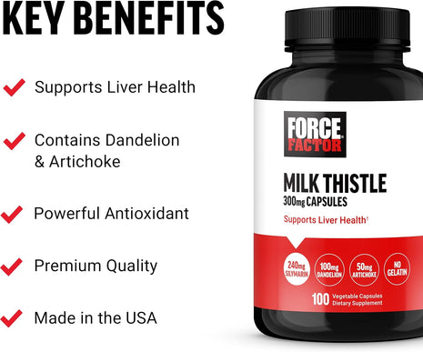 Force Factor Milk Thistle Liver Support Formula | with Dandelion Root & Artichoke, 300mg Silymarin Milk Thistle Supplement for Liver Health & Detox, 100 Vegetable Capsules