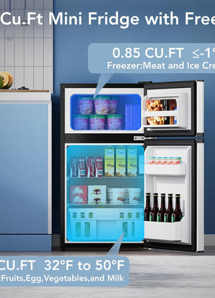 Electactic 3.2 Cu.Ft Mini Fridge with Freezer, Compact Refrigerator with 2 Doors, Small Fridge with Adjustable Thermostat & Removable Glass Shelves for Bedroom, Office, Dorm, or Apartment, Silver