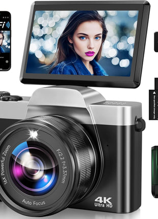 4K Digital Camera for Photography with WiFi, 2025 Latest Auto-Focus Vlogging Camera for YouTube Video 3'' 180° Flip Screen Travel Cameras 16X Zoom Anti-Shake 4K Cameras with SD Card, 2 Batteries