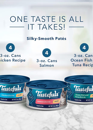 Blue Buffalo Tastefuls Natural Pate Wet Cat Food Variety Pack, Salmon, Chicken,Ocean Fish & Tuna Entrées 3-oz Cans (4 of Each Flavor), (Pack of 24)