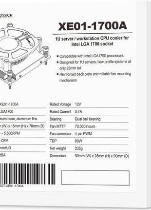 SilverStone Technology XE01-1700A 1U Server/Workstation CPU Cooler for LGA 1700 & LGA1851socket, SST-XE01-1700A