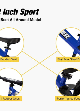 Strider 12 Sport, No Pedal Balance Bike for Kids Ages 1–4 Years, Blue | No-Pedal Balance Bike for Toddlers, Safety Pad, Adjustable Seat and Handlebars, Lightweight Frame, Never-Flat Tires