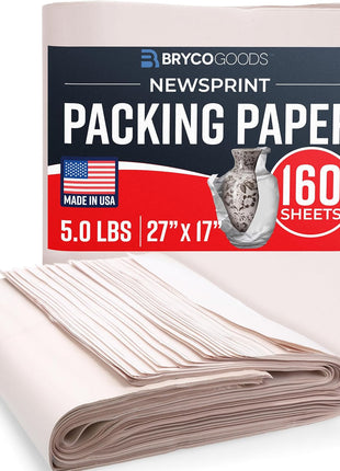 Bryco Goods Newsprint Packing Paper Sheets for Moving - 5lb - 160 Sheets of Newspaper Paper - Must Have in Your Moving Supplies - 27 inch x 17 inch - Made in USA