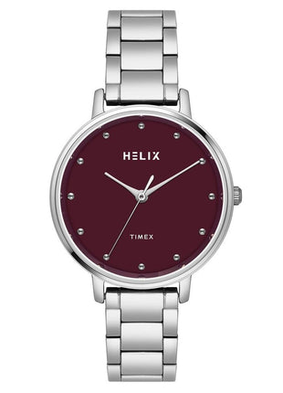 Helix by Timex Analog Watch for Women with Burgundy Round Dial & Silver Stainless Steel Bracelet Band Water Resistant Women's Wrist Watches - TW056HL04